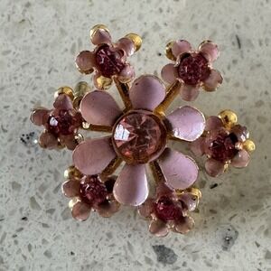 Vintage Pink Floral Rhinestone Gold Tone Mid-Century Starburst Small Brooch